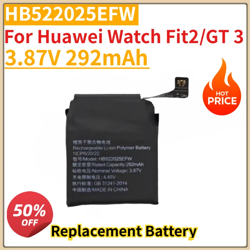 

New HB522025EFW Watch Battery 3.87V 292mAh for Huawei Watch Fit2/GT 3 YDA-B19S/B19V Replacement Battery