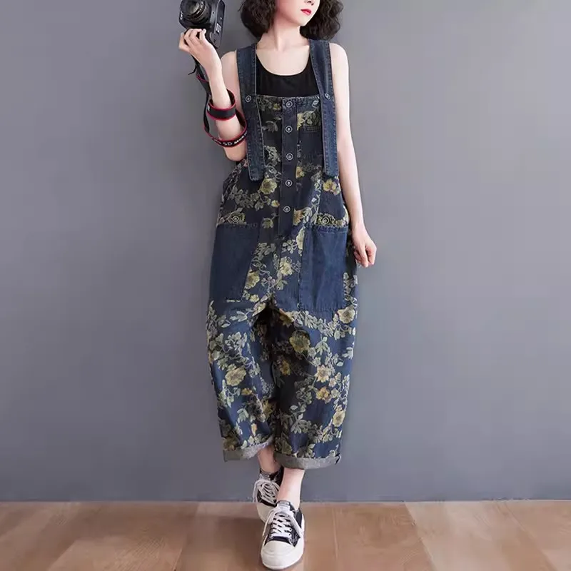 

2024 Spring Print Floral Denim Jumpsuit Women Vintage Streetwear Oversized Dungarees Loose Wide Leg Overalls Straps Baggy Pants