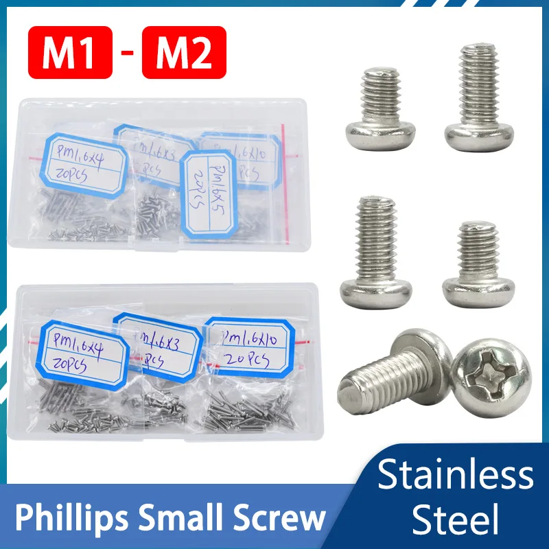 M1 M1.2 M1.4 M1.6 M2 Phillips Small Screws 304 Stainless Steel Metric Threaded Pan Spectacle Screw Glasses Watch Sunnies Bolts