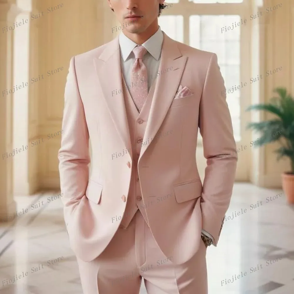 New Light Pink Business Men Suit Groom Groomsman Prom Wedding Party Male Formal Occasion Tuxedos 3 Piece Set Blazer Vest Pants