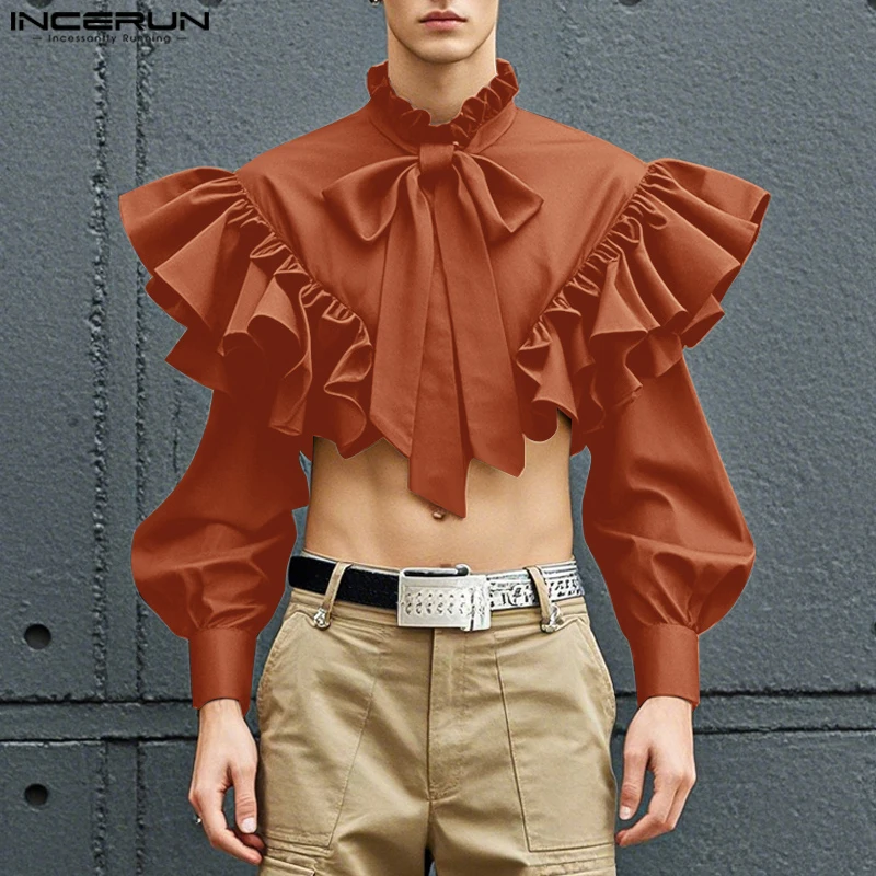 Fashion Casual Style Tops INCERUN New Men's Cropped Ruffle Edge Decorative Shirts Male Personality Bow Long Sleeved Blouse S-5XL