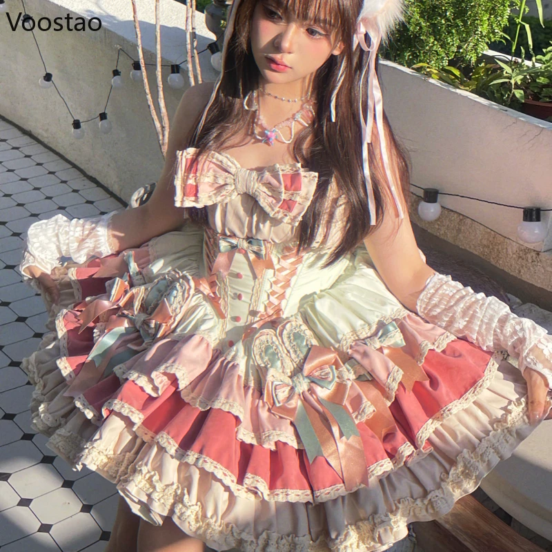 

Japanese Sweet Lolita Jsk Dresses Kawaii Women Elegant Ruffles Bow Bandage Princess Strap Dress Harajuku Vintage Tea Party Dress