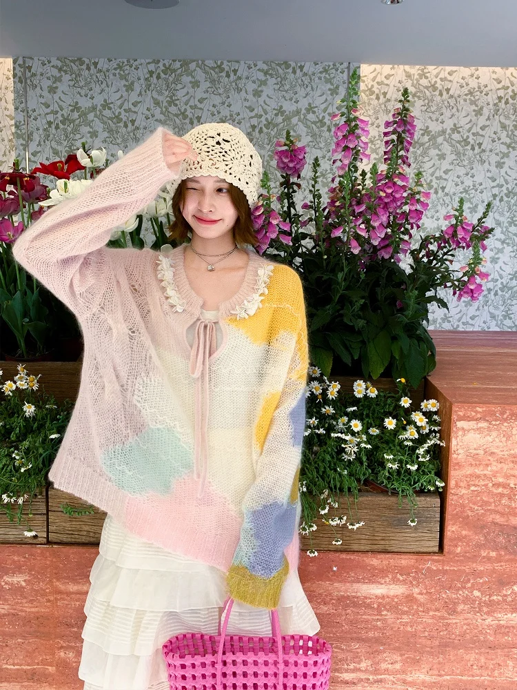 

Summer Beau from South France! Ultra-Fine Mom's Super Soft Camere Knitted Insert Flower Sweater round Ne Regular Length