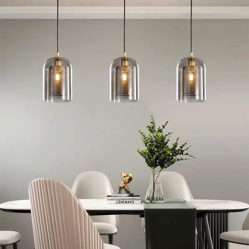 

Скандинавский стеклянный потолочный подвесной светильник для столовой, подвесные светильники для спальни, прикроватный бар, ресторан, внутреннее освещение, железо, янтарь E27