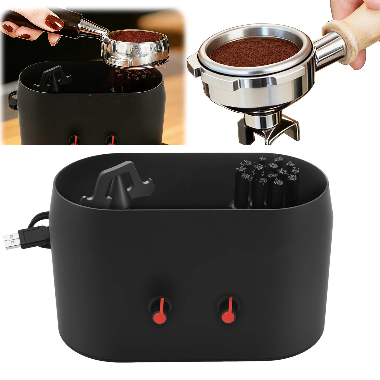 New Automatic Knock Box Cleaner Electric Automatic Knock Box Cleaner Coffee Portafilter Cleaning Kit with Holder Cleaning Brush