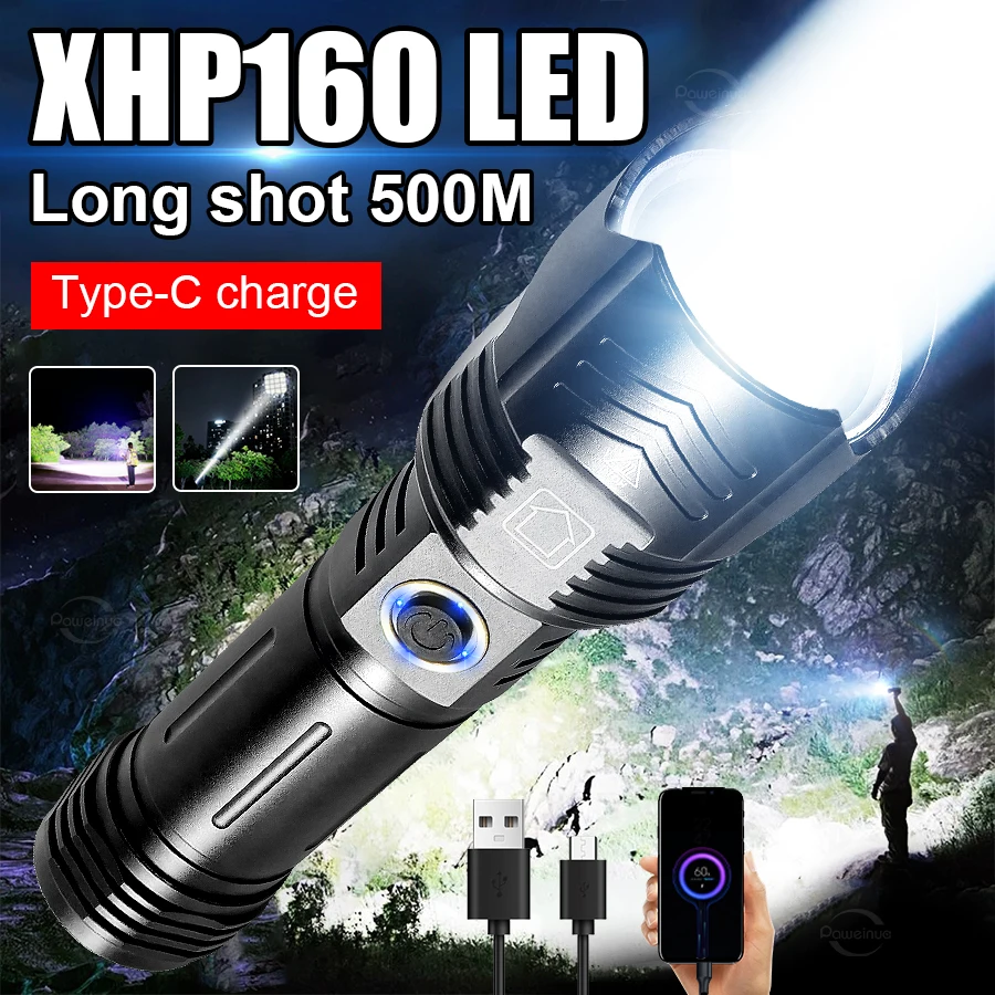 

Супер яркий фонарик из алюминиевого сплава XHP 160 26650, зарядка, водонепроницаемый и устойчивый к падениям, уличный патрульный фонарь для кемпинга