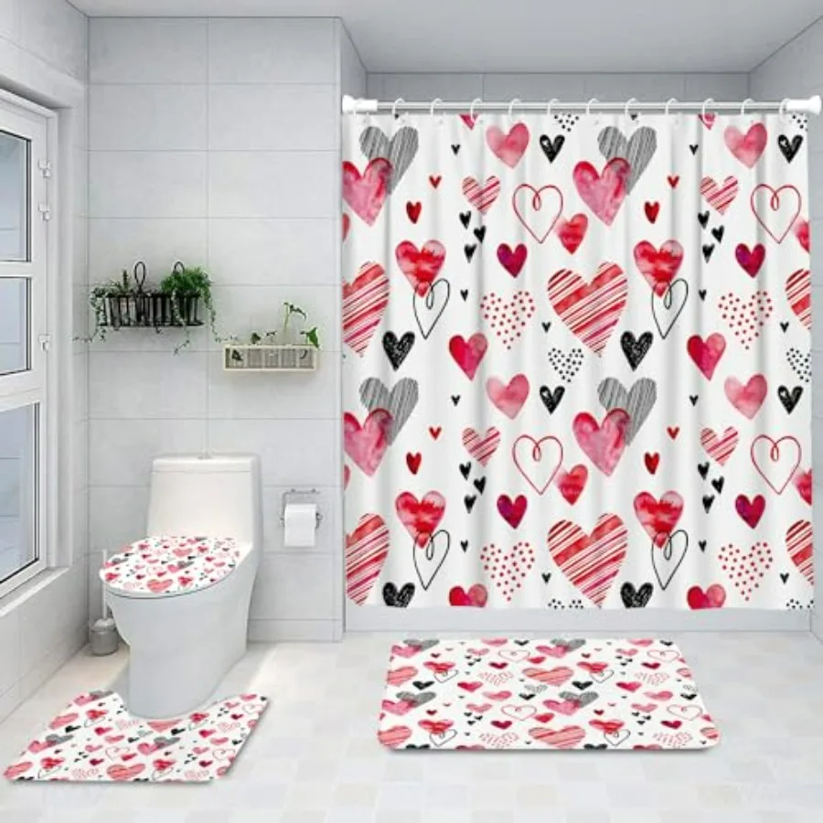 

Набор для ванной комнаты из 4 предметов: занавеска для душа, нескользящие коврики, накидка на крышку унитаза и коврик для ванной. Красивый красный акварельный рисунок в виде сердец. Прочный, водостойкий.
