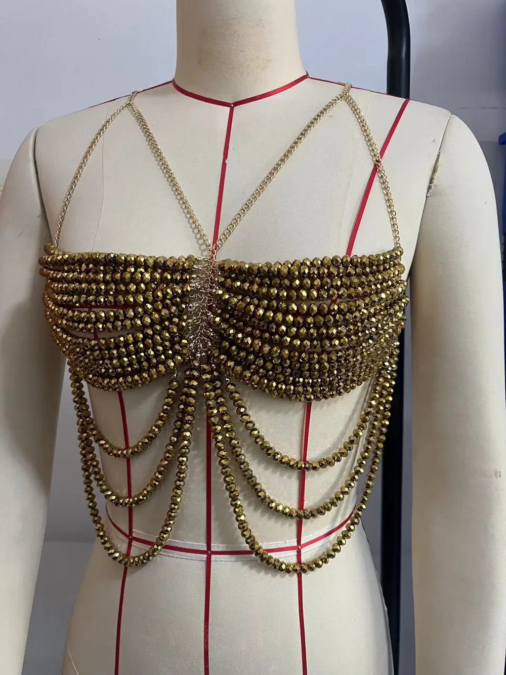 

Summer Black Beaded Bra Tops Body Chain Camis Night Club Dance Costume Sexy Backless Breast Body Chain Tops Vest y2k 2025