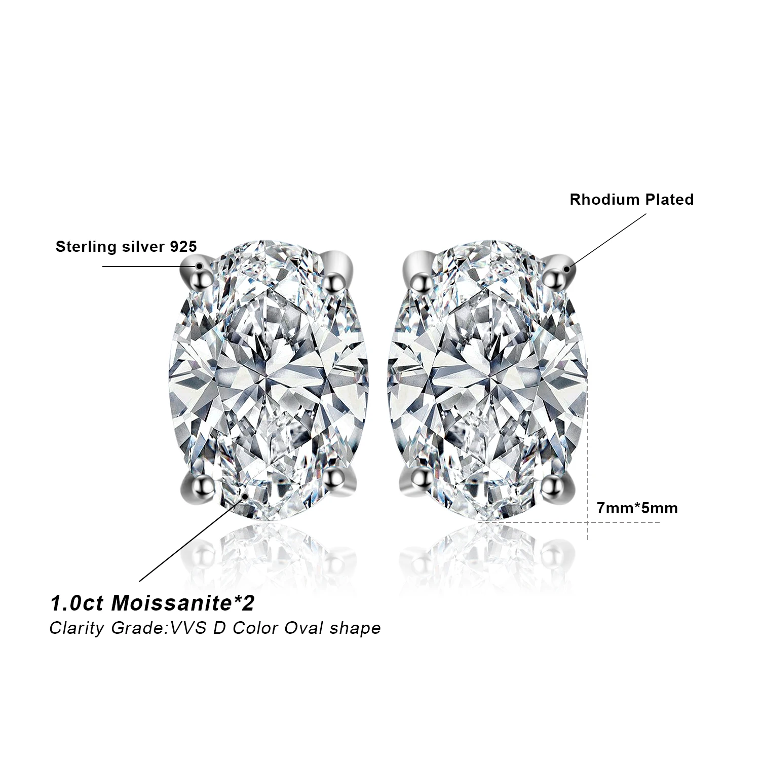 JewelryPalace Moissanite D Color Total 2ct Oval 925 Sterling Silver Stud Earrings for Woman Fine Jewelry Yellow Rose Gold Plated