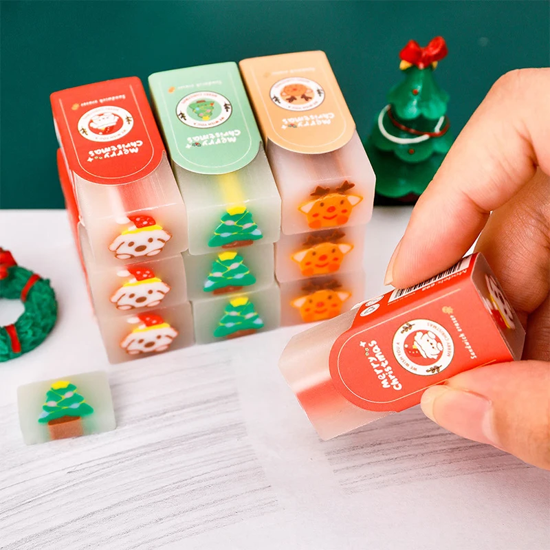 2Pcs Cute Cartoon Christmas Tree Painting Erasers Creative Christmas Theme Erasers Office Supplies Student Stationery Gifts