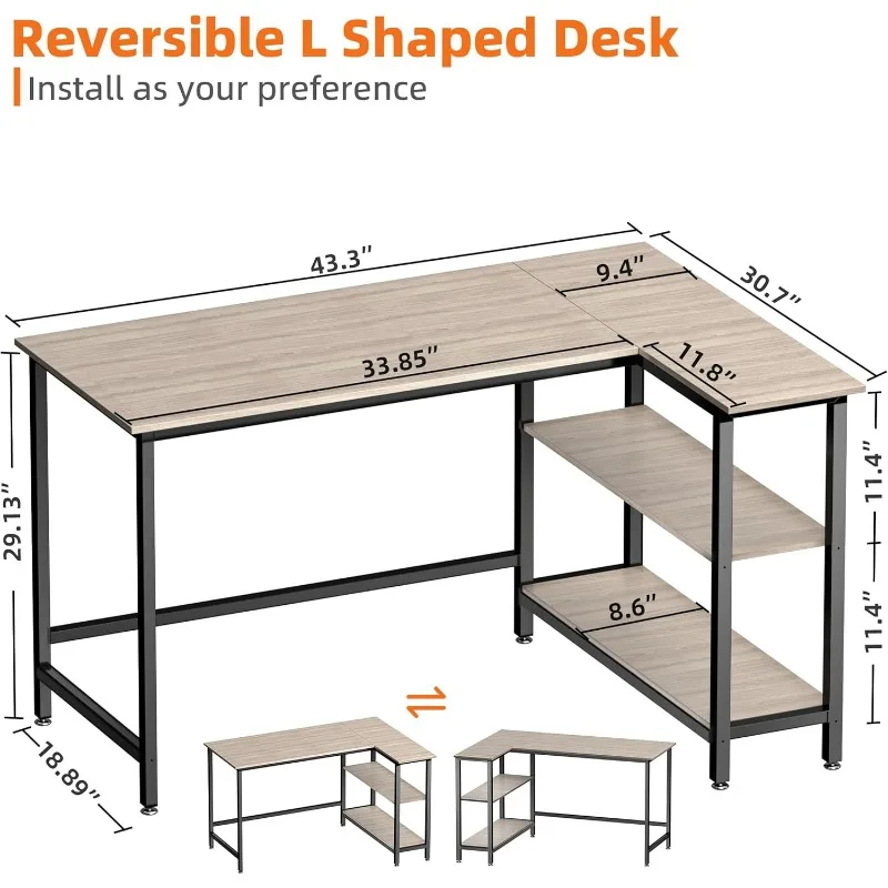 โต๊ะคอมพิวเตอร์รูปตัว L - โฮมออฟฟิศขนาด 43 นิ้วพร้อมชั้นวาง, โต๊ะเข้ามุมสําหรับเล่นเกมสําหรับทํางาน, การเขียนและการอ่าน, ประหยัดพื้นที่, สีเทา