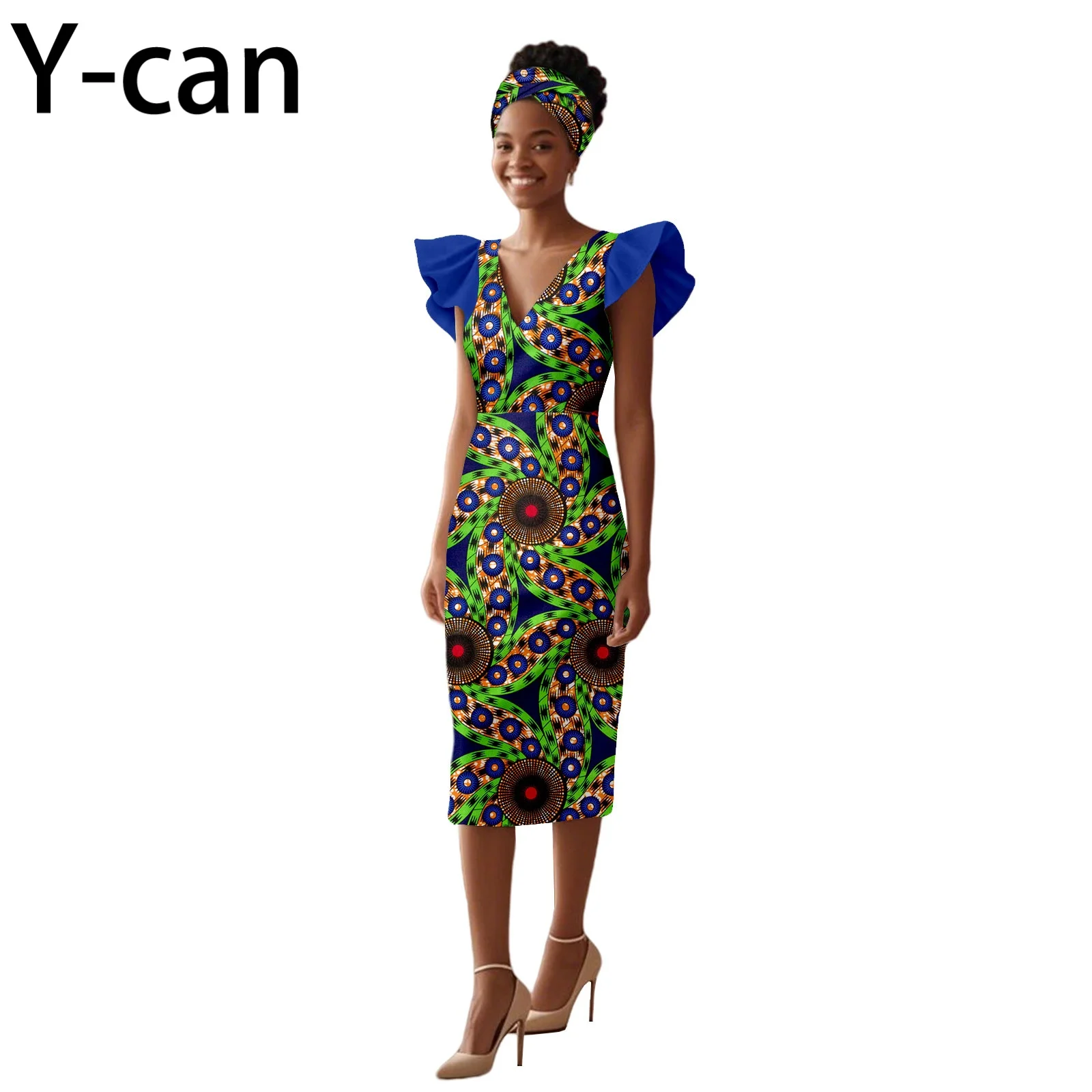 African Dresses for Women Ruffle Sleeve V-neck Patchwork Print Gown with Headscarf for Wedding Party Elegant Lady Dress 2525109