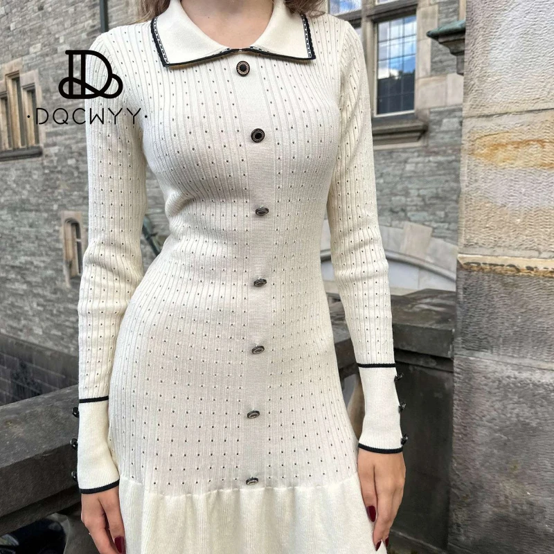 New Womens Dresses Flip Collar Button Hole Long Sleeved Short Dresses 2024 European and American Autumn and Winter Knitted Dress