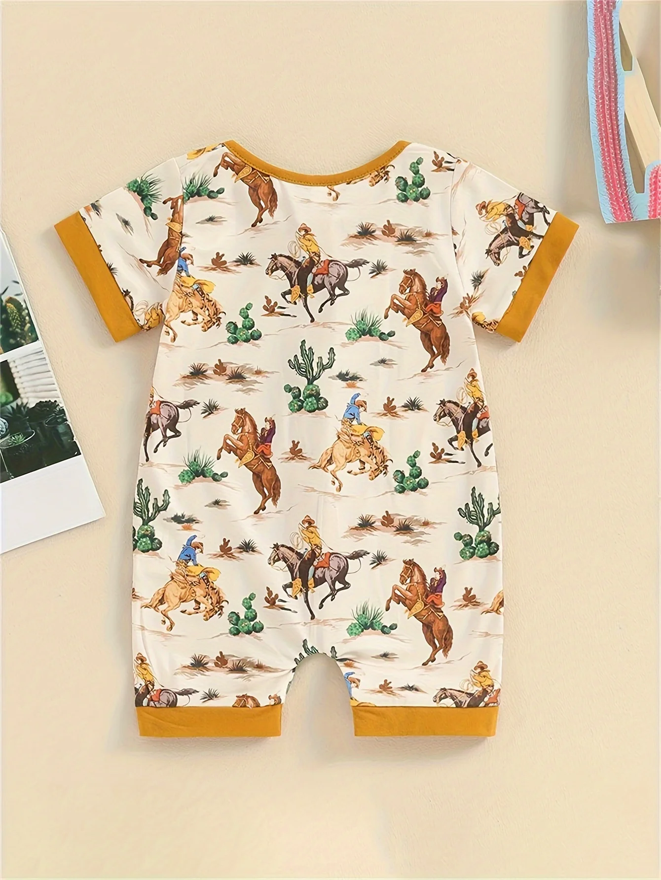 Adorable Cartoon Cowboy Zip Up Bodysuit - Vibrant Full-Print Design, Comfortable Short Sleeves - Perfect Romper for Toddler & In