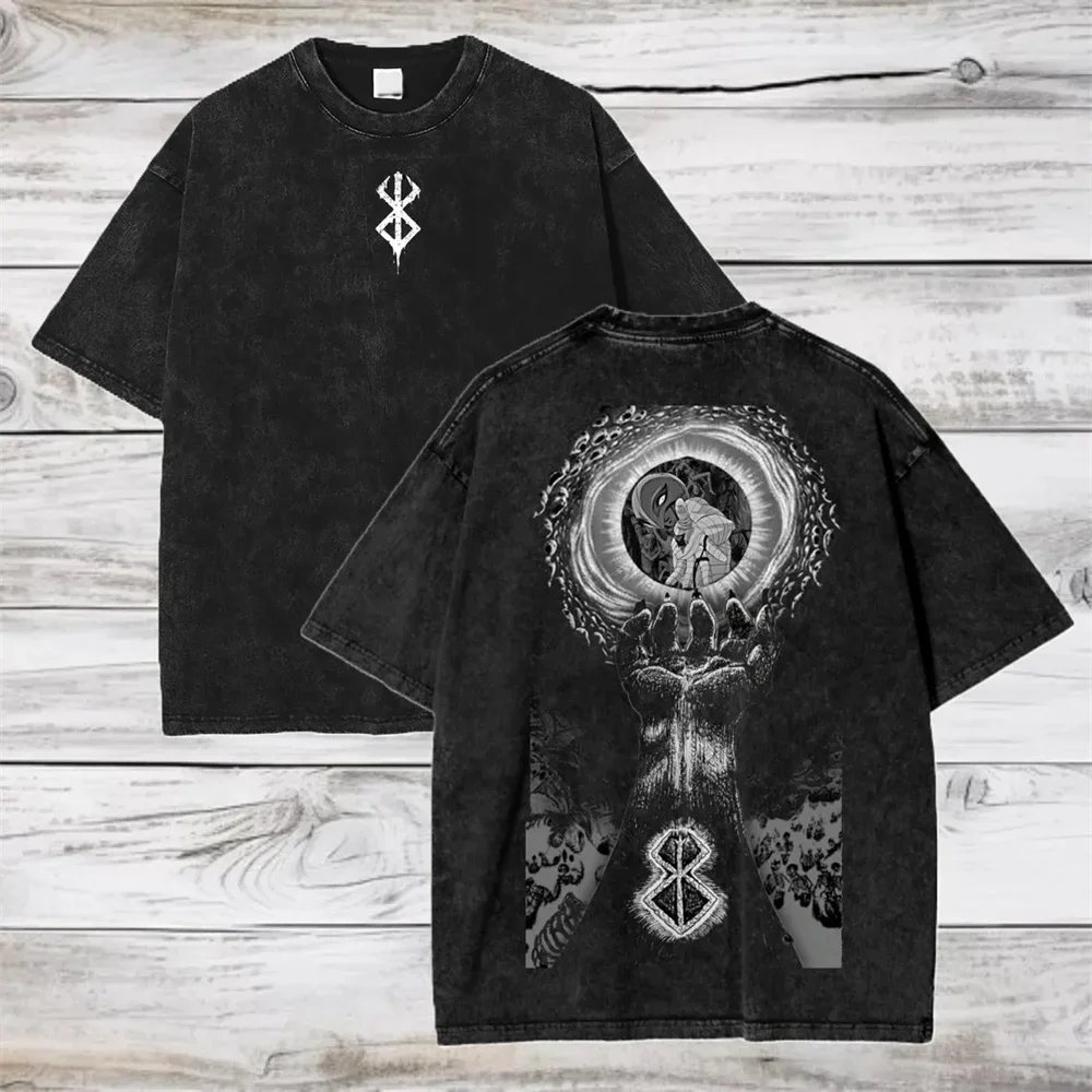 Anime Berserk Baumwoll-T-Shirt Hip-Hop Streetwear T-Shirt Guts Washed T-Shirt Sommer Herren Lässiges Lockeres Kurzarm-Shirt Harajuku