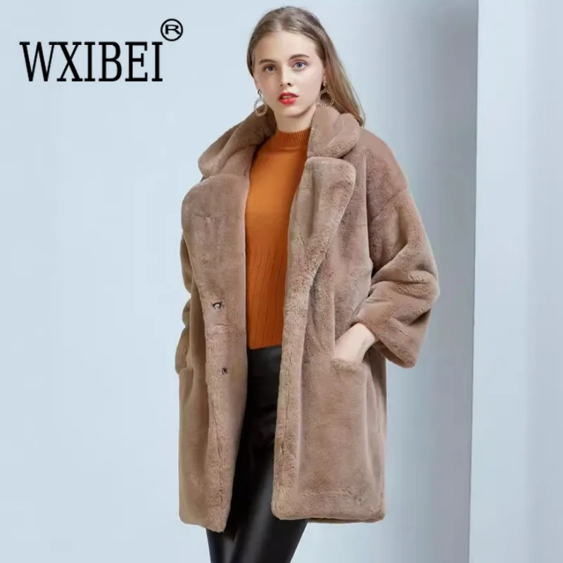 Women Faux Fur Coats Solid Cardigan Turn Down Collar Full Sleeved Jackets Loose Fit Thick Coat Pocket Ladies Winter 2024