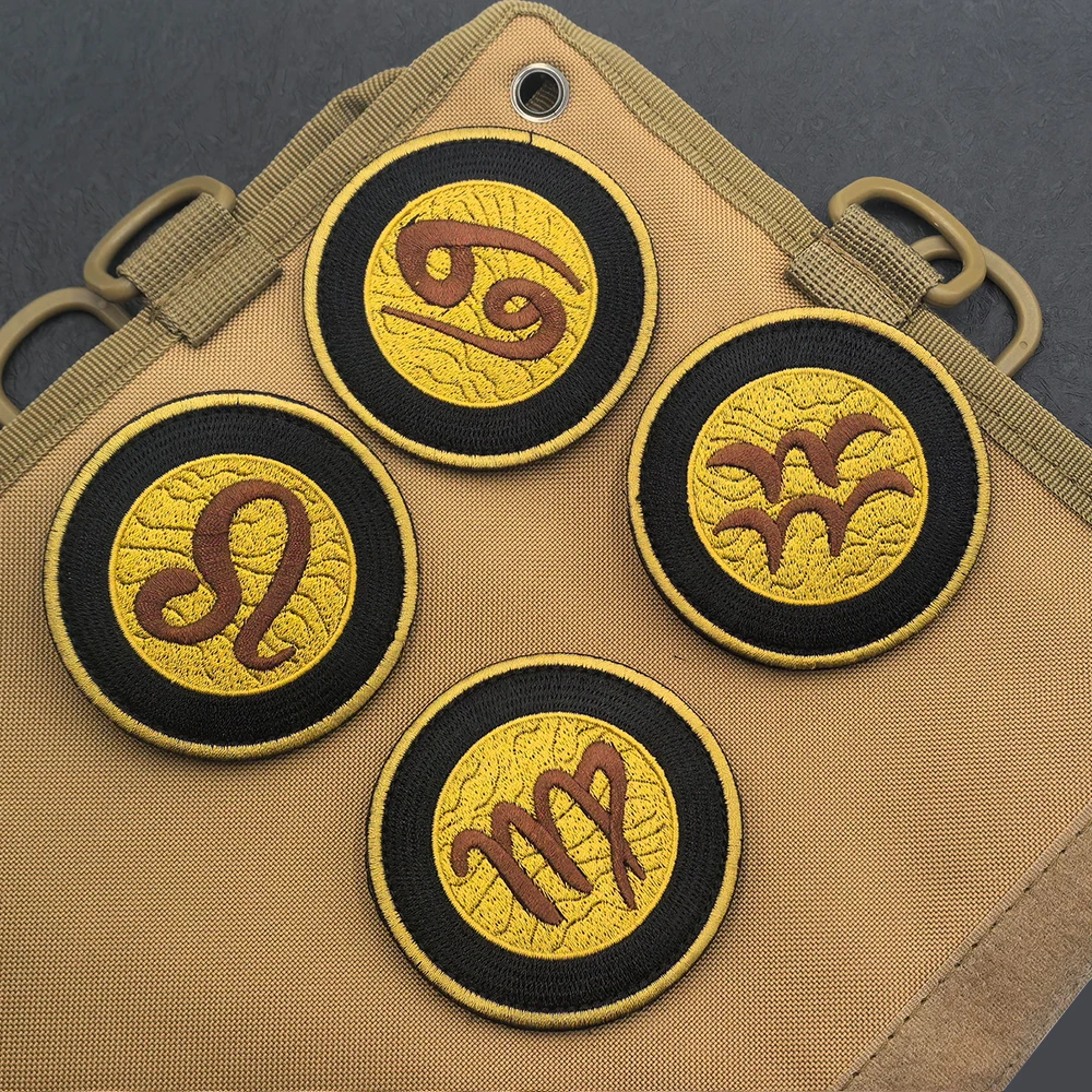 Twelve Constellations Embroidered Patches Vintage Zodiac Symbols Tactical Badges Circular Black Gold Border for Clothing