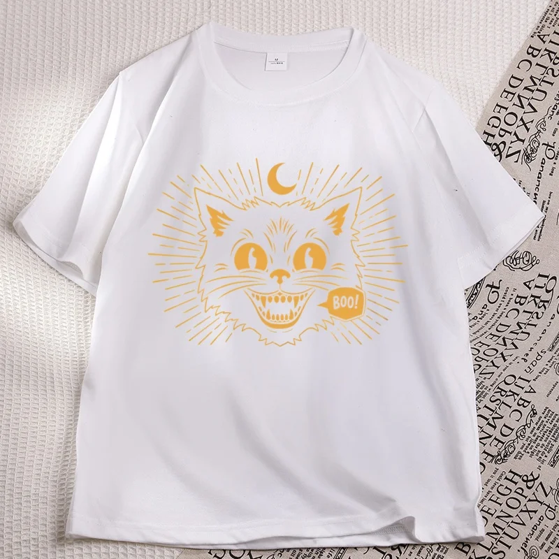 Vintage 90s Cat Face T-Shirt Boo Graphic Tee Hallowen Cat Spooky T Shirt Casual Cotton Short Sleeve Printed Tshirts Men Women