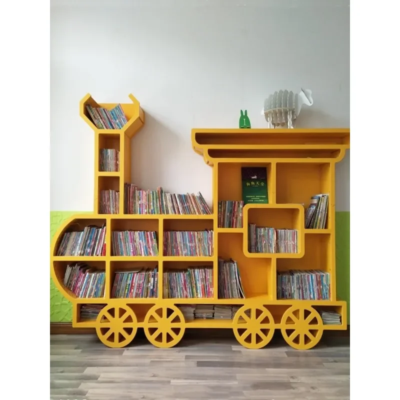 Solid wood train shape bookshelf, library bookcase book storage rack