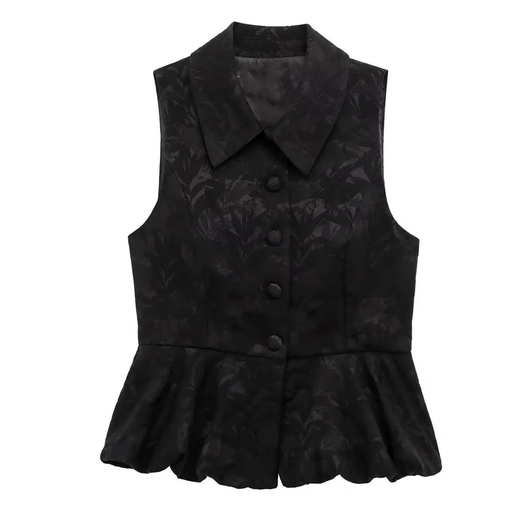 

TRAF & Women 2025 Spring New Fashion Lazy Style Jacquard Vest Chic Lapel Joker Button Casual Sleeveless Top Blouses Mujer