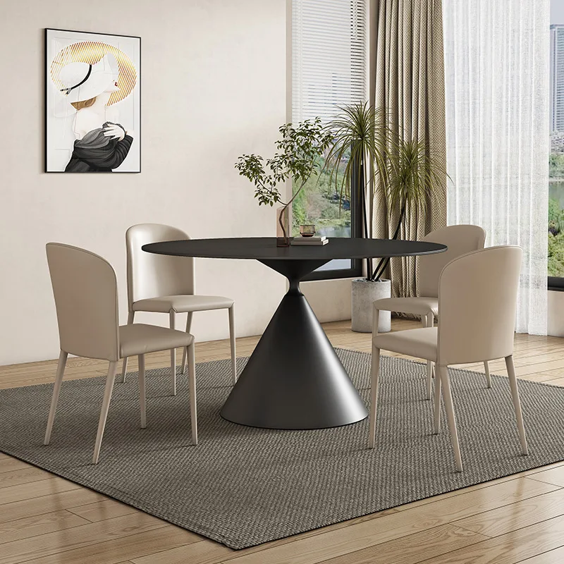 Modern Minimalist  Pure Black Round Rock Slab Dining Table High-end Wabi-sabi Style Upper and Lower Built-in Turntable Smal