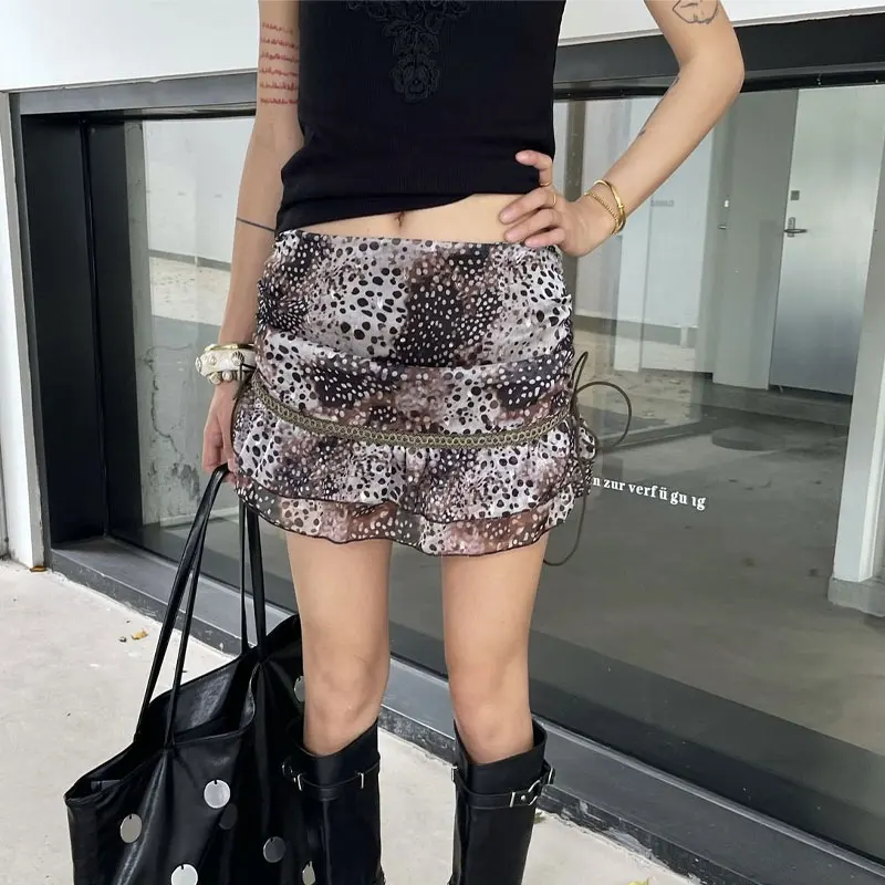 Female Clothing Vintage Leopard Short Skirts Fashionable Ruffles Summer Layered Spliced American Drawstring A-Line Mini Skirts