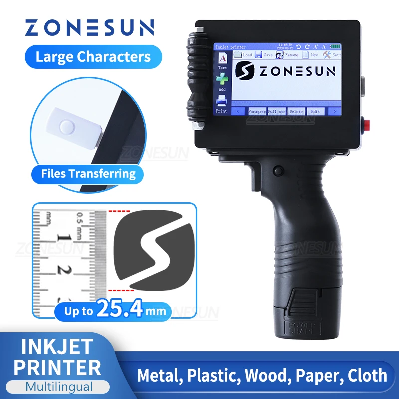 ZONESUN Multilingual Inkjet Printer Handheld Portable Digital 25.4mm Number Logo QR Barcode Batch Expiry Date Serial ZS-HIP254