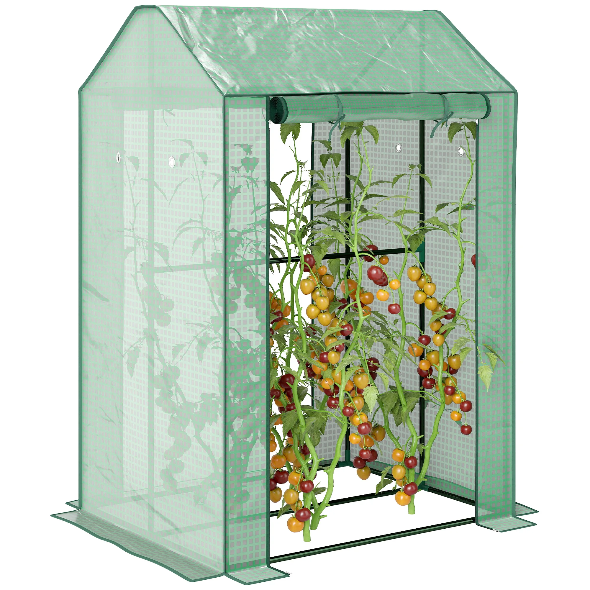 Outsunny PE tuinkas, balkonkas, versterkt zeil, g/m², stalen frame, 2 oprolbare deuren met ritssluiting, voor bloemen, planten, groenten, binnen en buiten, 100x80 x cm Groen
