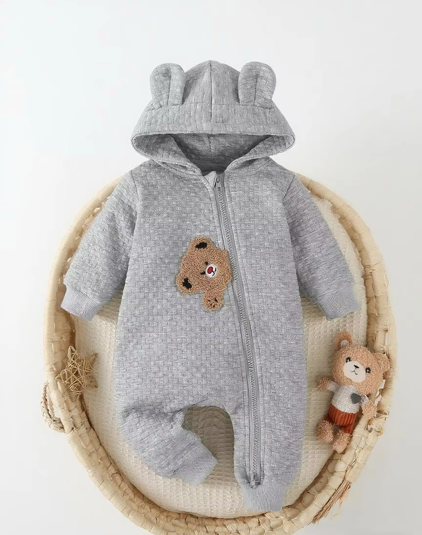 

2025 Autumn Infant Toddler Hooded Zip-Up Romper Bear CaRTOON Bodysuit Baby Outerwear Coat 100% Cotton Lined Jumpsuit 66-90