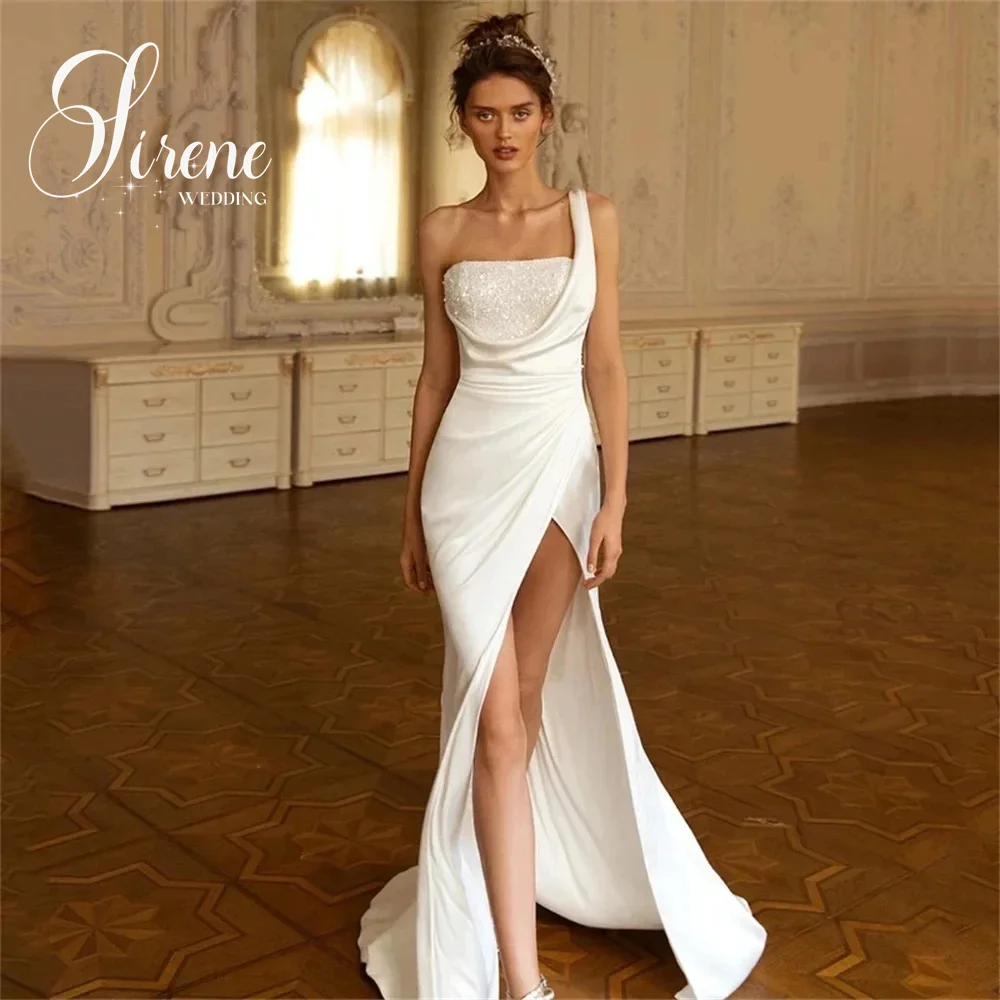 Customized Sexy High Side Slit Satin Wedding Dresses Square Sequins One Shoulder Pleats Bridal Gowns Backless 2025