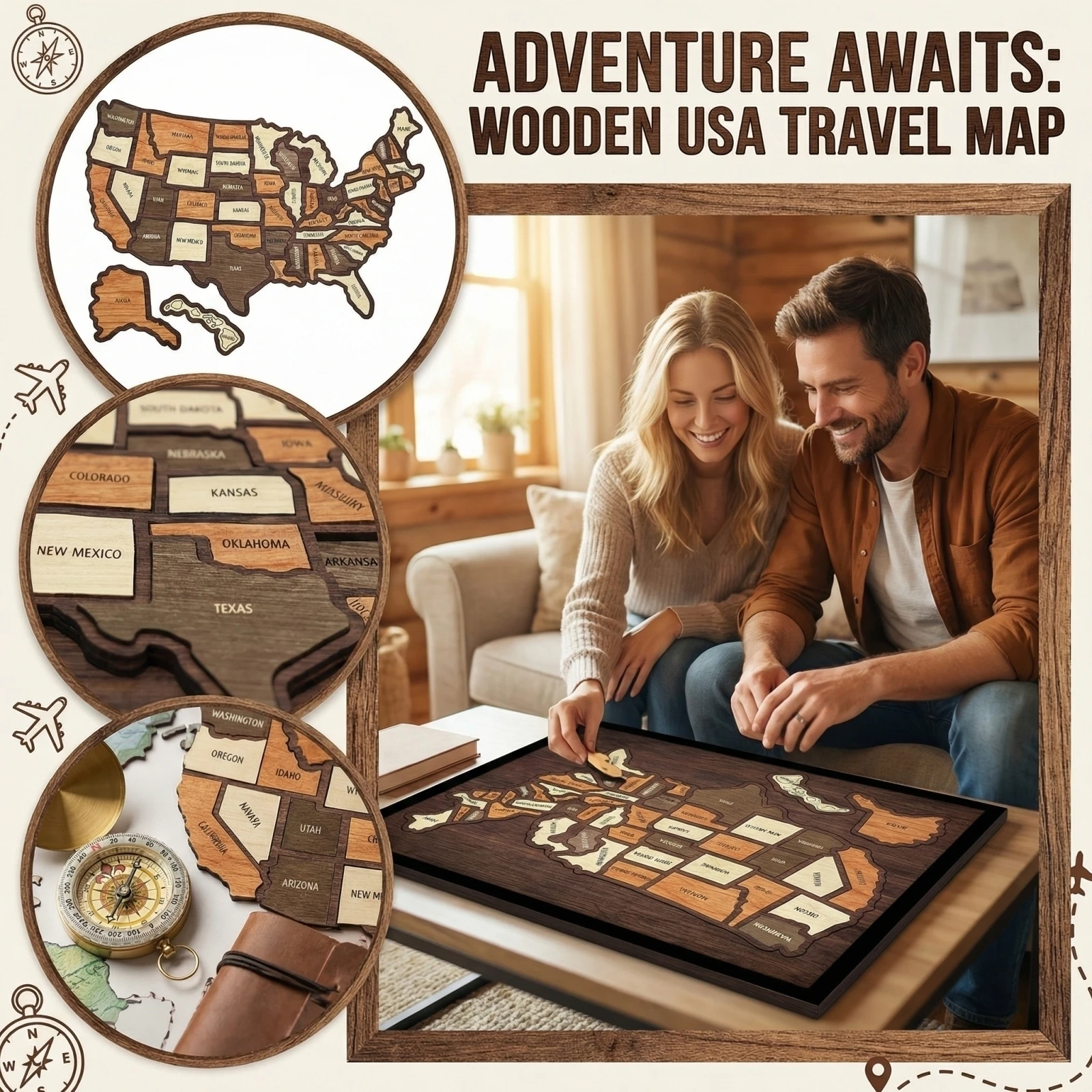 Nouveau puzzle de carte des États-Unis en bois, puzzle de carte créatif, jouet éducatif interactif sur la géographie des 50 États des États-Unis, cadeau unique