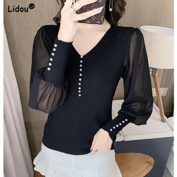 Women's Chiffon Splicing Knitted Pullovers, Office Lady Shirt, Women's Clothing, Chic T-Shirt, Tops, Summer, Autumn, 2024, New