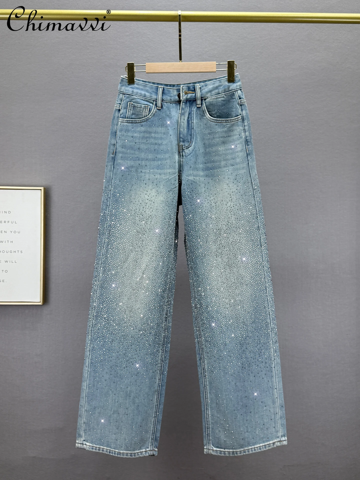 

Fleece-Lined Jeans Women Wide-Leg Pants 2025 Winter New High-Waisted Loose Slimming Heavy Rhinestone Floor-Length Trousers