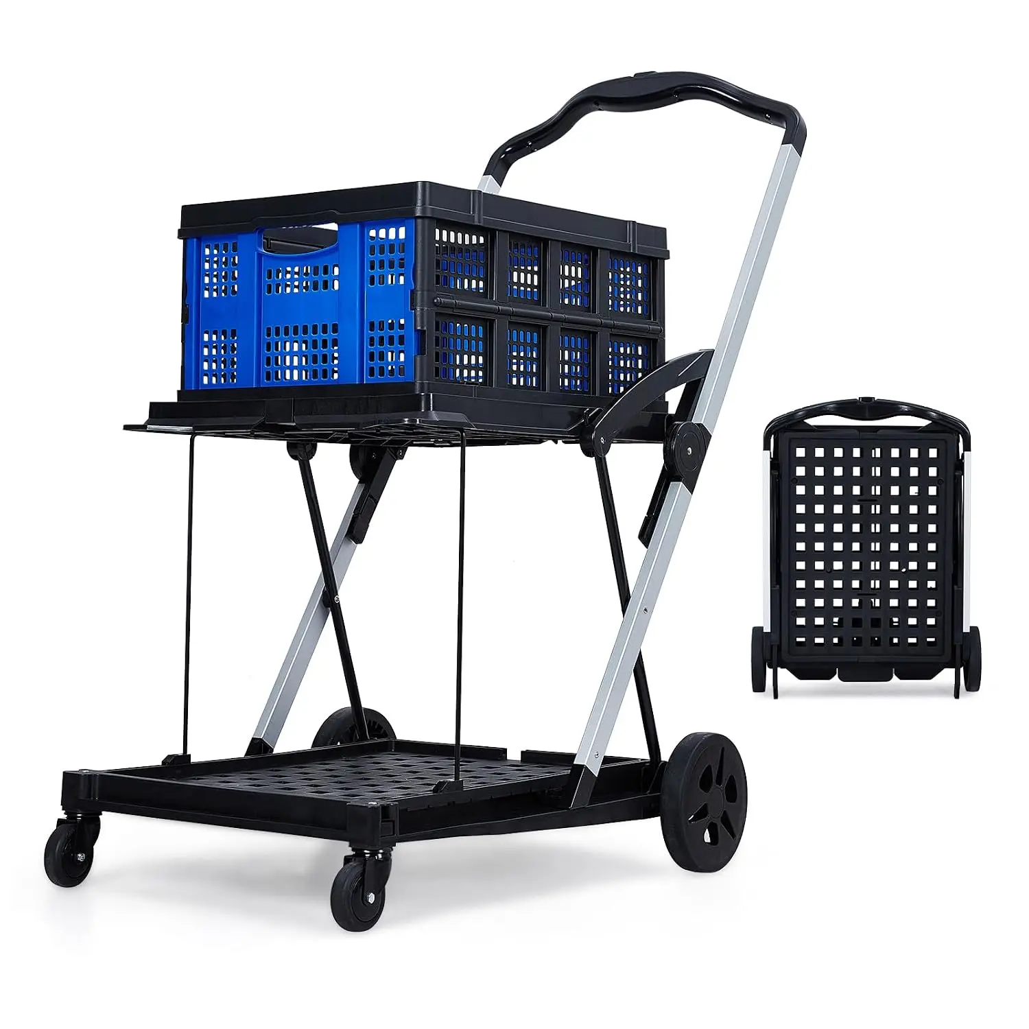 2-Tier Collapsible Shopping Cart, Foldable Grocery Cart with 198 lb Capacity, Wheels & Removable Crate, Portable, Customized