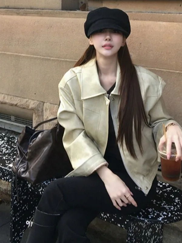 Korean Style Simple Versatile Short Zipper PU Leather Jacket Hong Kong Style Retro Chic Women's Outerwear Autumn Fashion