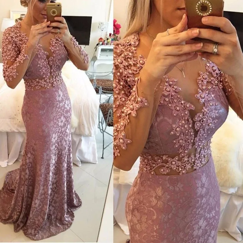 

Vinca Sunny Pink Women's Evening Dresses Applique Long Sleeve Embroidery With O-Neck Pearl Lace Women Party Prom Dresses