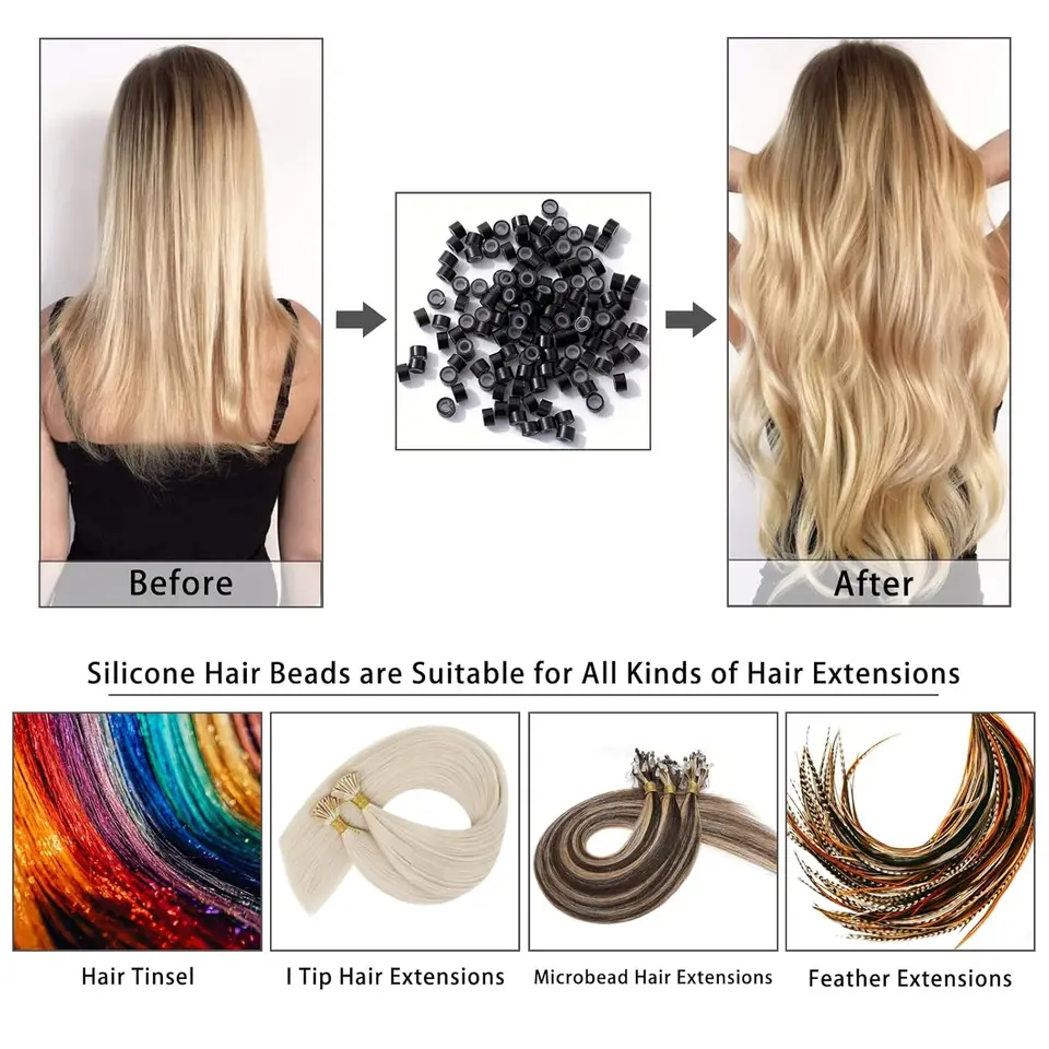 500 Piezas de Cuentas de Micro Enlaces Multicolores para Extensiones de Cabello, Anillos con Revestimiento de Silicona para Salones Profesionales 4