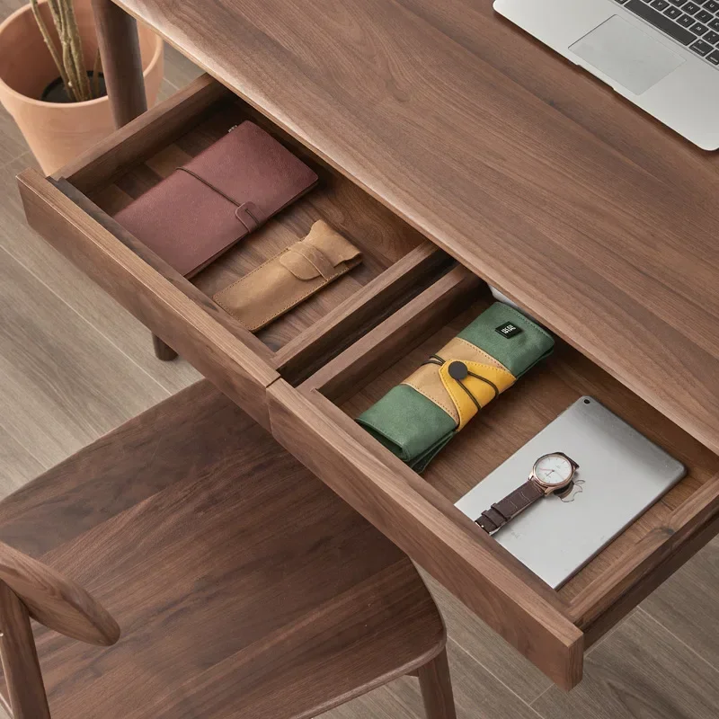 Nordic black walnut writing table Japanese simple cherry wood log computer table study drawer desk