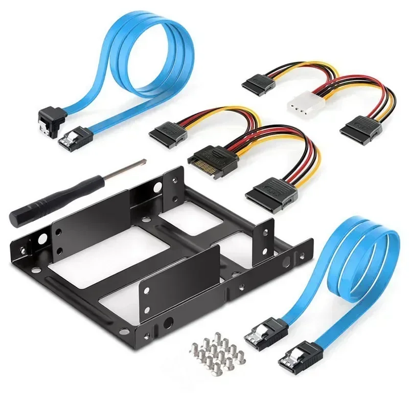 Soporte externo HDD SSD de 2 bahías de 2,5 pulgadas a 3,5 pulgadas, Kit de montaje de Metal, soporte adaptador con juego de Cables de alimentación de datos SATA