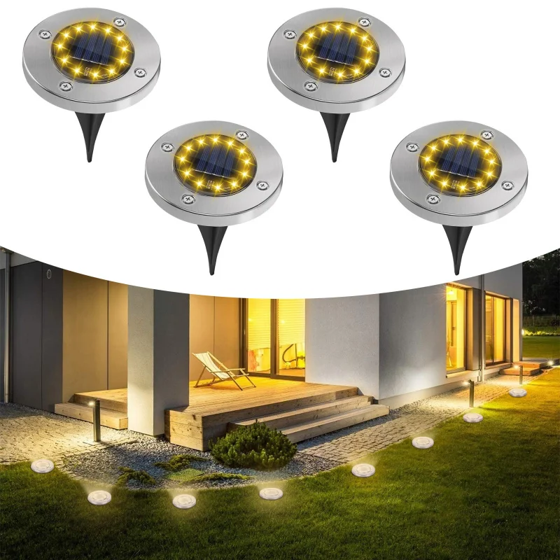 4 Pack Solar Pathway Lights 12 LEDs Solar Ground Warm Lights Waterproof Outdoor Flat Lights for Yard Walkway Garden Driveway