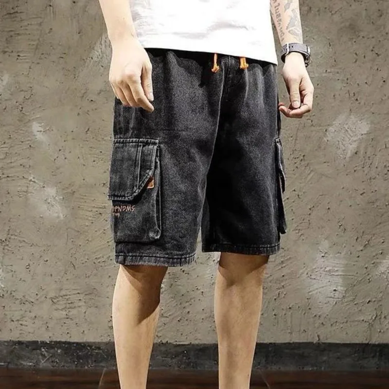 Male Denim Shorts Loose Cargo Baggy Wide Men\'s Short Jeans Pants Drawstring Sale Harajuku Cowboy Vintage Original Y2k Fashion Xl