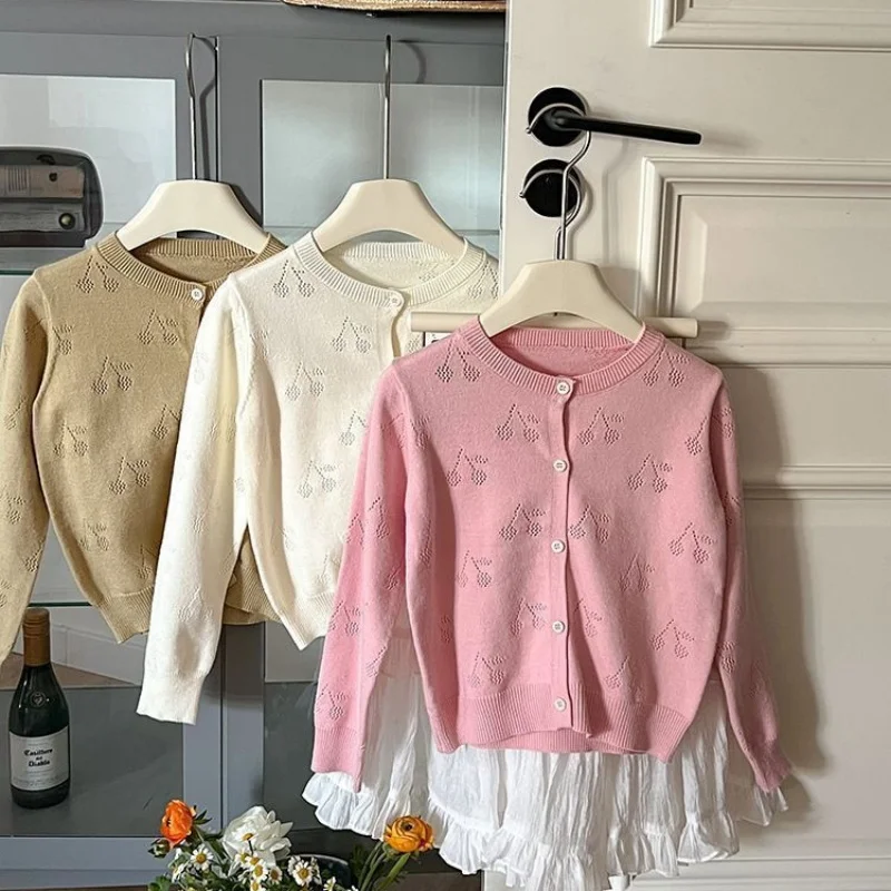 BP 2026 Spring Hollow Out Cherry Pattern Thin Cardigan For Kids Pink Sweater Cherry Knitted Shirt Baby Air Conditioning Shirt