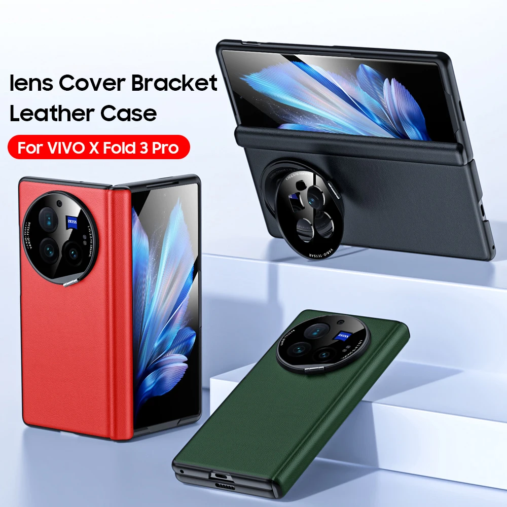 

For Vivo X Fold 3 Fold3 Pro Genuine Leather Case Creative Lens Bracket Anti-Explosion Screen Protector Hinge Protection Cover