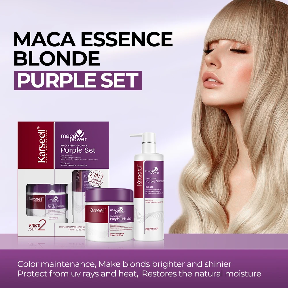 Karseell Maca Power-mascarilla y champú para el cabello morado, profesional, neutraliza los tonos de latón y amarillo para cabello rubio, plateado y gris resaltado