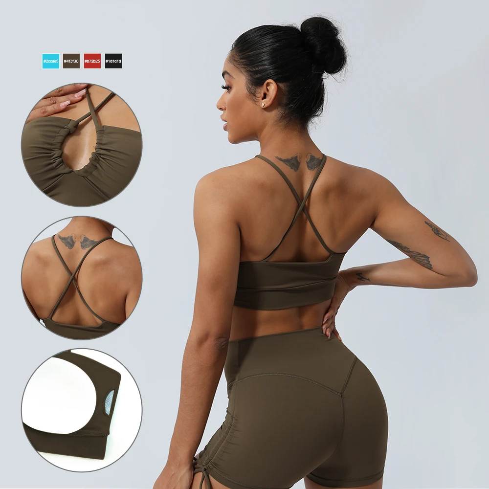 Damski biustonosz sportowy Fitness Cross Back Hollow Out Thin Band Gym Running Crop Top Wyściełana bielizna treningowa