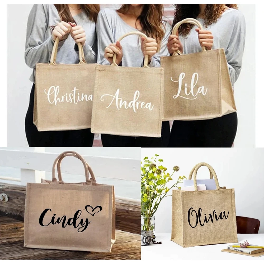 Personalized Burlap Tote Bag, Bridesmaid Gift Bag, Custom Jute Bag, Bridal Bachelorette Party Beach Wedding Favors for Guests