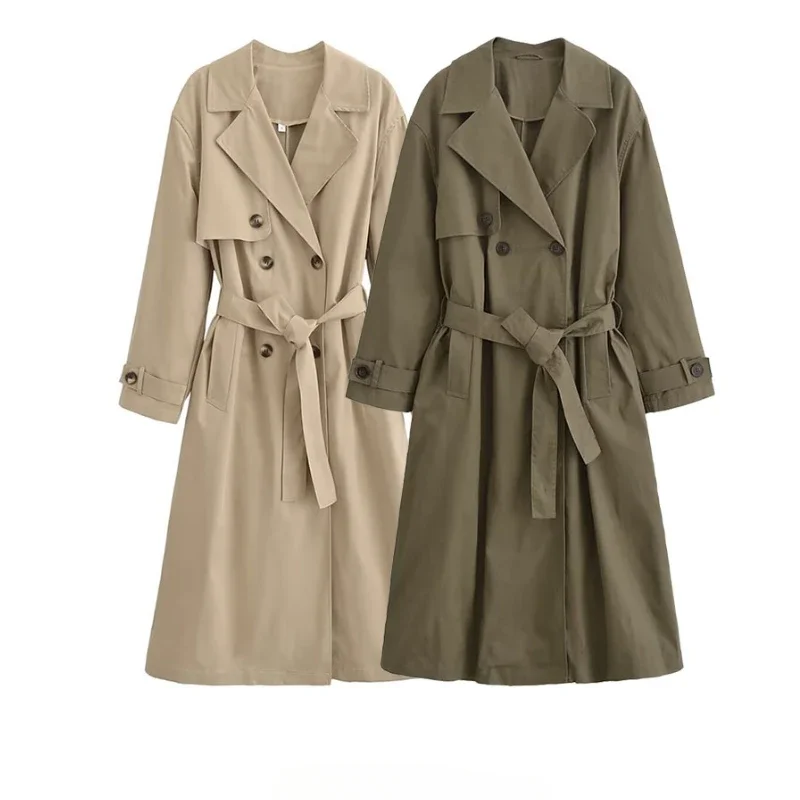 Women Fashion With Belt Solid Double Breasted Trench Vintage Lapel Neck Long Sleeves Female Chic Lady Outfits