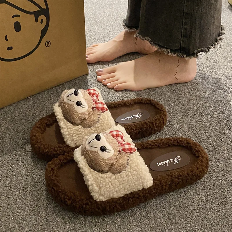 

Indoor Household Cartoon Cute Fur Slippers For Women 2024 New Autumn And Winter Home Anti Slip Cotton Slippers For Women