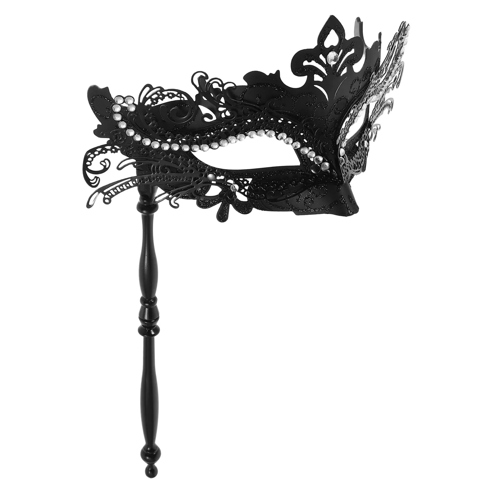 

Elegant Masquerade Mask Black Handheld Rhinestone Costume Party Carnival Festival Accessory Detachable Stick Comfortable Fit