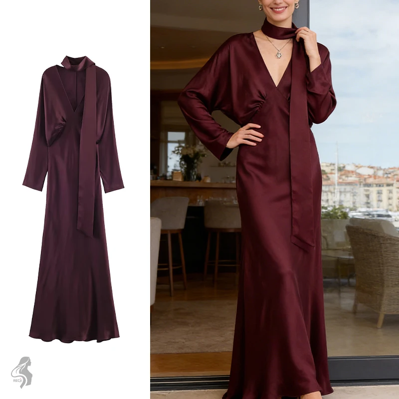 فستان من الساتان برقبة على شكل حرف V للنساء بأكمام طويلة وطول يصل إلى الأرض فستان أنيق للحفلات فساتين نسائية للتاريخ المتطور